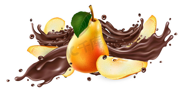 银光液体摄影照片_飞溅的液体巧克力和新鲜的梨。