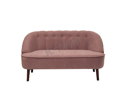 复古粉红色布艺沙发隔离在白色背景，前视图。