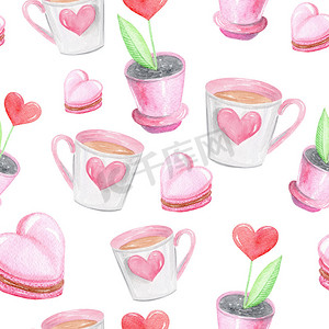 水彩手绘粉色心形马卡龙和杯子在白色背景上的无缝图案，用于包装纸、织物纺织品、情人节装饰、剪贴簿