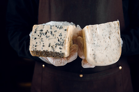 蓝纹奶酪和豪达，手中有意大利香草。