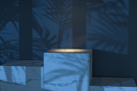 空荡荡的房间和大理石静物、木地板和吸顶灯，3D 渲染。