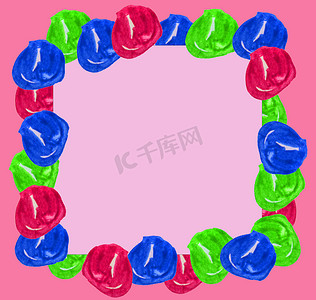 可爱的水彩框架设置彩色手绘球，在粉红色背景上隔离圆点，用于文本设计、网页。