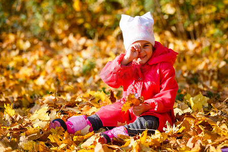 玩耍小孩子摄影照片_快乐的小孩子，小女孩在秋天的户外大自然散步中笑着玩耍