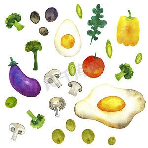 水彩插图早餐：炒鸡蛋、番茄、韭菜、蘑菇、橄榄、茄子