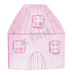 水彩手绘粉色房子，有门窗，两层楼隔离在白色背景上