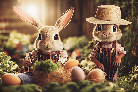 可爱手绘小兔子摄影照片_3D 渲染可爱的小兔子农民穿着工作服在花园里满是蔬菜和复活节彩蛋