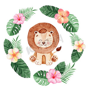 水彩手绘快乐狮子在热带花环与鲜花和棕榈叶隔离在白色背景