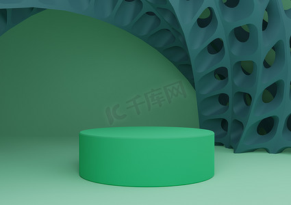 明亮的绿松石绿色 3D 渲染产品展示，带有圆柱形支架或讲台和未来派抽象几何形状现代背景最小构图模板
