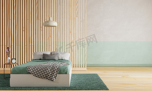 白色床摄影照片_有木地板和隔墙的绿色卧室和白色绿色未加工的混凝土背景。