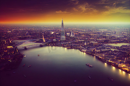 动漫夕阳摄影照片_动漫风格，伦敦碎片大厦鸟瞰图