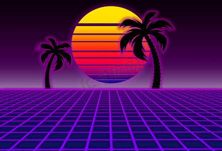 80 年代风格的科幻，紫色背景与日落和棕榈树。