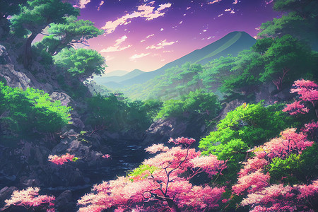 日本动漫风景壁纸,背景为美丽的粉红色樱花树和富士山