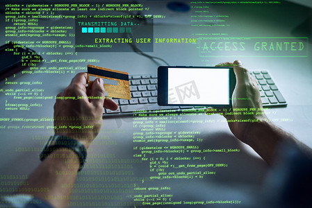 app摄影照片_黑客利用银行信用卡信息技术和带有 CGI 图形数据的电话应用程序或软件进行黑客攻击、欺诈或金融盗窃。