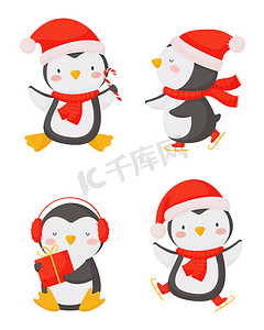 圣诞节设置与可爱的企鹅在白色背景上的卡通风格。