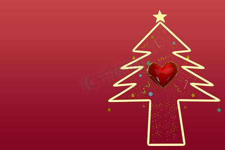圣诞快乐，新年快乐，松树发光，红心礼物用于文本、横幅、WEB 和背景 .3D 插图。