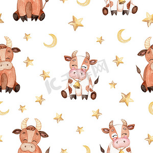 水彩棕色小公牛、母牛和星星在白色背景上的无缝图案，用于织物、纺织品、品牌、邀请函、剪贴簿、包装
