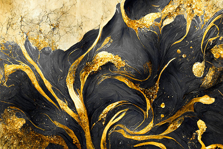 壮观的深黑色和金色墨水在周围旋转。