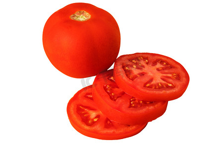 整个和切好的红西红柿，切片，在白盘上单独切片