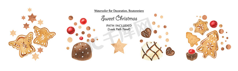 冬天水彩摄影照片_一组带有姜饼和巧克力的水彩小插图