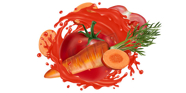 胡萝卜和西红柿在蔬菜汁中飞溅。
