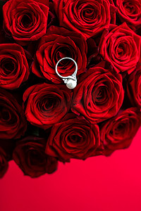 美容珍珠摄影照片_美丽的白金珍珠戒指和红玫瑰花束，情人节和浪漫假期的奢华珠宝爱情礼物
