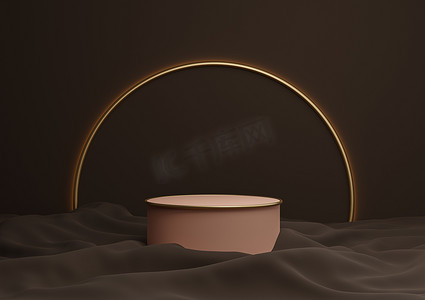 深棕色 3D 渲染豪华产品展示台或站立最小构图，背景和光线为金色拱线