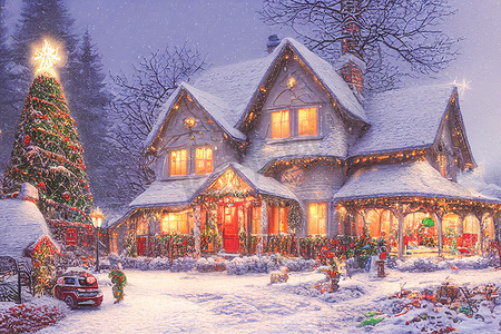 商店插图摄影照片_圣诞树屋的 3D 插图，周围有雪，配有装饰品和彩灯