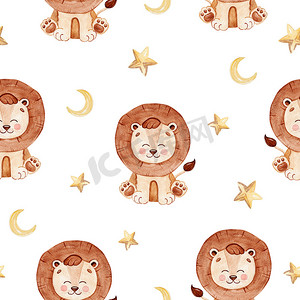 水彩棕色小狮子和星星在白色背景上的无缝图案，用于织物、纺织品、品牌、邀请函、剪贴簿、包装