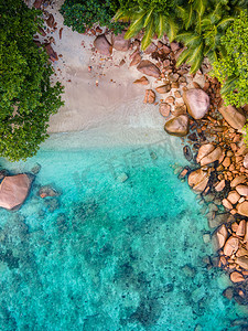 梦幻海滩摄影照片_普拉兰塞舌尔热带岛屿，拥有海滩和棕榈树，Anse Lazio 海滩，棕榈树矗立在塞舌尔 Anse Lazio 荒凉的热带岛屿梦幻海滩上