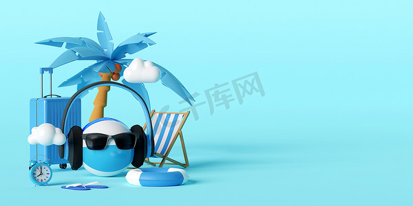 暑假概念、海滩棕榈树和蓝色背景的旅行配件，3d 插图