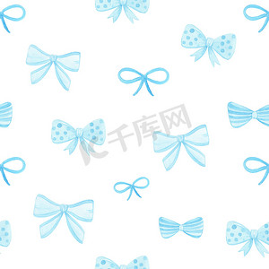 水彩蓝色蝴蝶结无缝图案在白色背景上用于剪贴簿、包装纸、织物、纺织品、卡片。