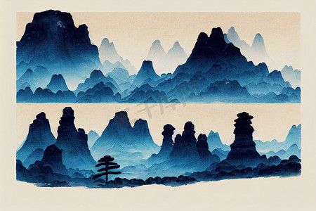 四幅蓝山手绘白底墨画，