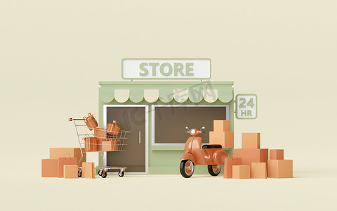 商店插图摄影照片_电子商务概念，便利店和摩托车送货服务，3D 插图