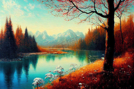 原创油画美丽的春天风景、森林、雪山