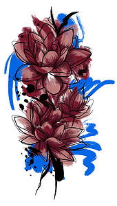 水彩风格黑色轮廓的鲜艳花朵插图