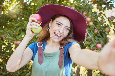 不同的太阳摄影照片_一位快乐的女农民站在果园里拿着两个不同的苹果的自拍照。