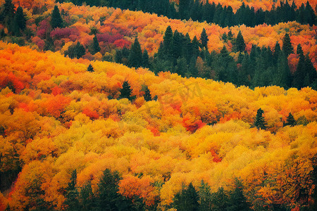 3D 插图，选择性聚焦，模糊，多彩的秋季森林景观高清壁纸。