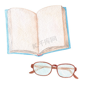 手绘东京大学摄影照片_水彩手绘书和眼镜套装隔离在白色背景上