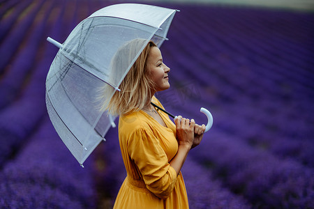 雨天，薰衣草田里的中年妇女打着伞散步，享受香薰。