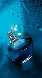 蓝水下的香水瓶、新鲜的沿海香味作为魅力香水和淡香精产品作为节日礼物、豪华美容水疗品牌礼物
