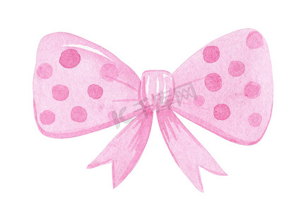 水彩手绘可爱的粉色蝴蝶结，白色背景上有圆点隔离