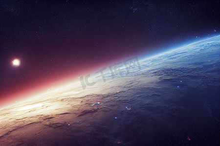 宇宙紫色摄影照片_3D 渲染空间艺术：外星星球 - 紫色天空的奇幻景观。