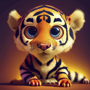 一只可爱的老虎的动画插图，动画小老虎肖像