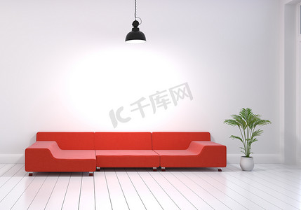 客厅现代室内设计与红色沙发和花盆在白色光滑的木地板上。