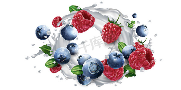 蓝莓和覆盆子以及少许牛奶或酸奶。