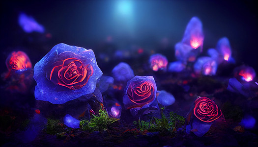 玫瑰花黑玫瑰摄影照片_黑玫瑰森林幻想中发光玫瑰的 3D 渲染