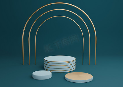 深青色、水蓝色 3D 渲染简单的产品展示圆筒讲台，带有豪华金拱和线条三架最小背景抽象组合