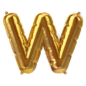 金色充气箔气球字母 W. 派对装饰元素的 3D 渲染