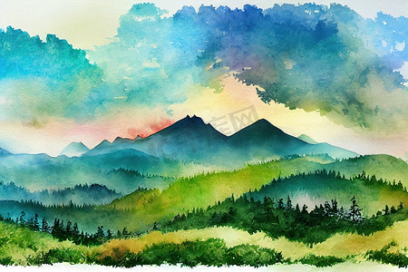 纸背景上的全景山脉水彩山水画，