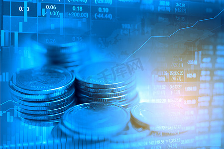 股票市场投资交易金融、硬币和图表或外汇分析利润金融业务趋势数据背景。